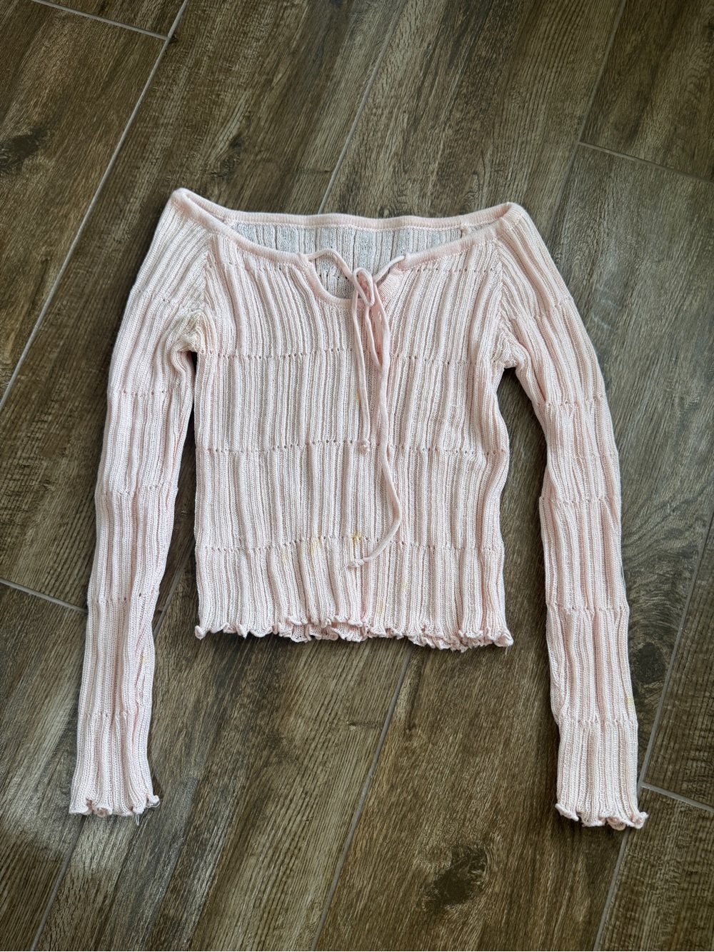 Light Pink Ribbed Tie-Front Long Sleeve Top